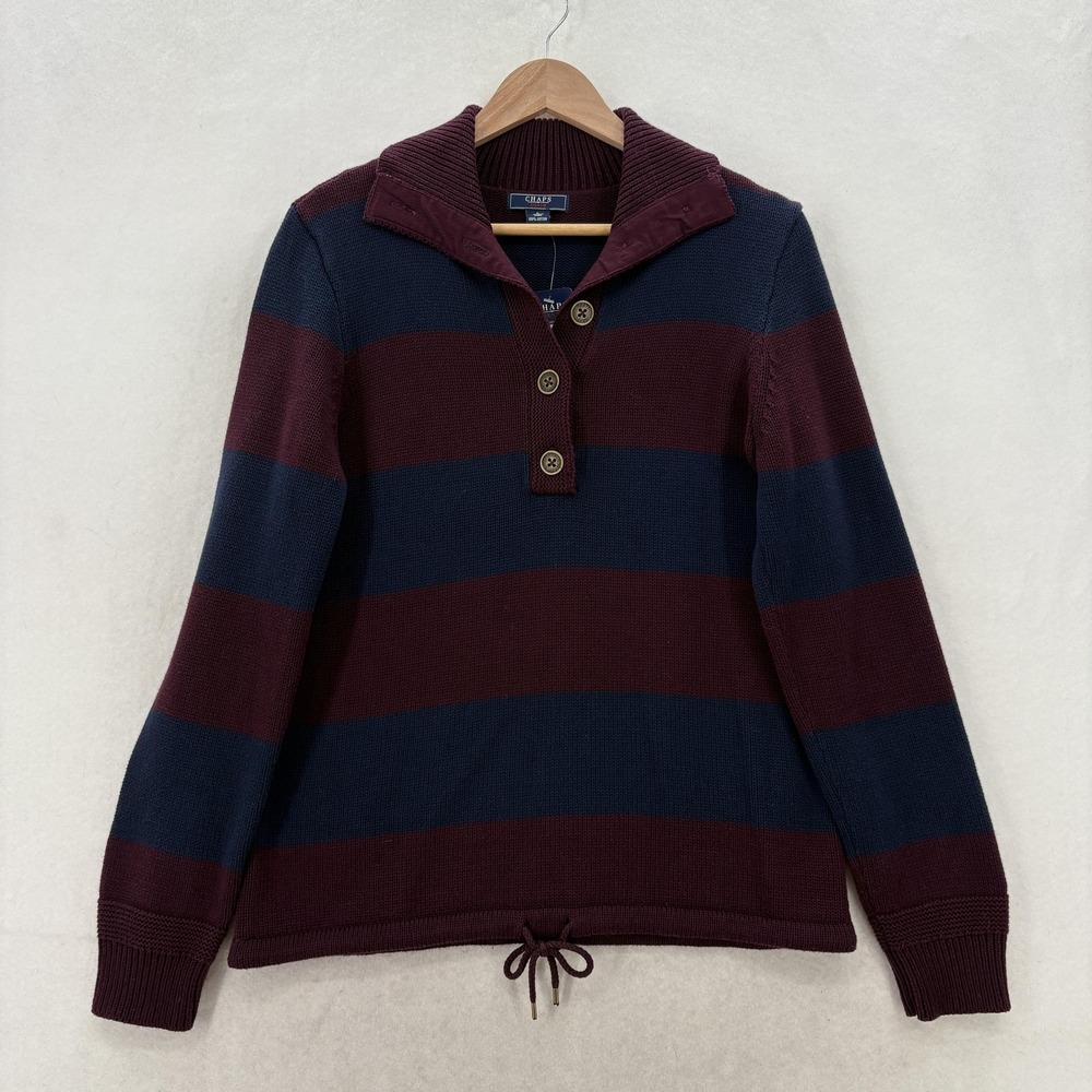 Chaps Sweater Womens Large Burgundy Navy Stripe Collared Knit Drawstring Hem NWT